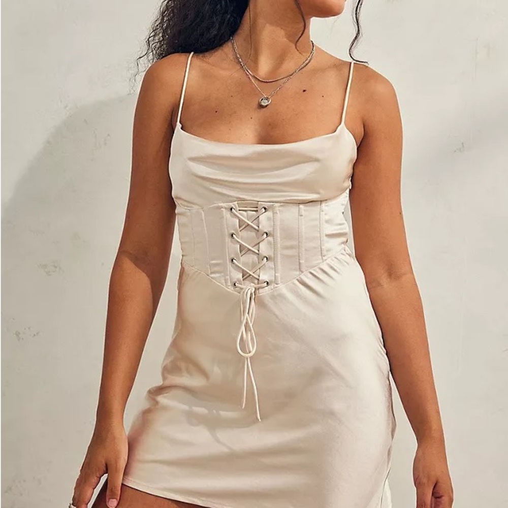 UO Kiss the Sky Elegant Cream Satin Lace-Up Corset Dress - Picture 5 of 5